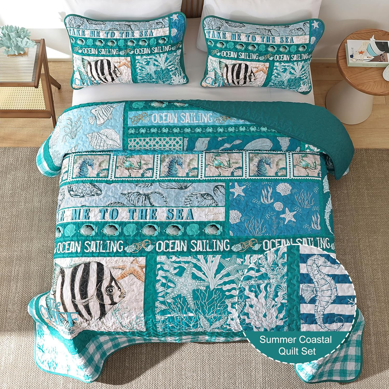 Coastal King Size Quilt Set 3 Piece,Summer Beach Bedspread Coverlet Lightweight