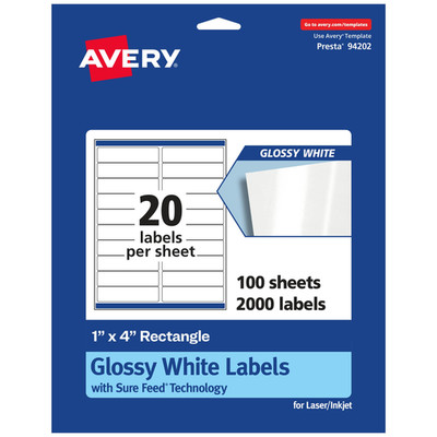 Avery Rectangle Labels Sure Feed Technology 1 X 4 2000 Glossy White Labels 36454