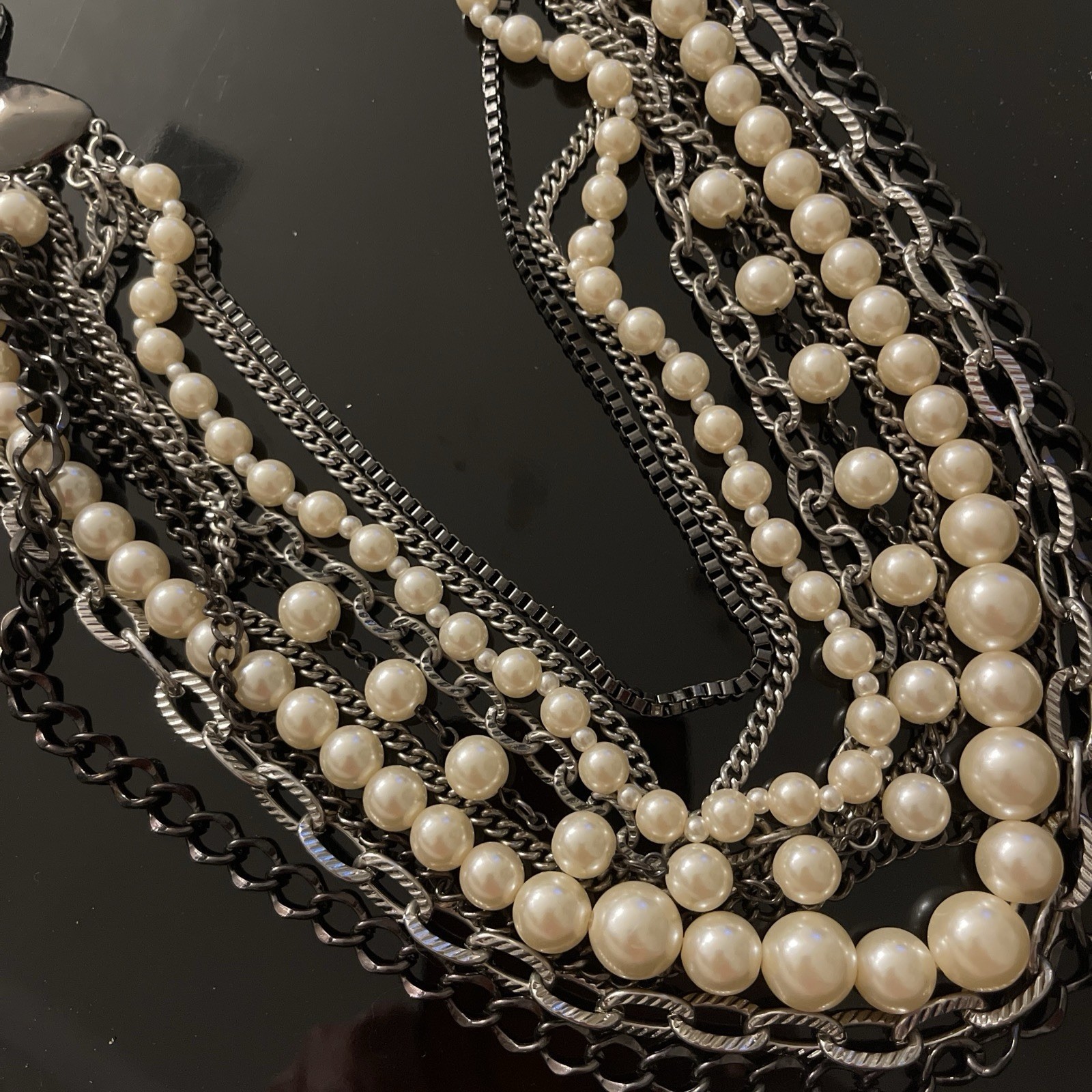 Layered Statement Multi-Strand Necklace Silver Wh… - image 5