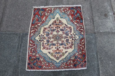 Fin Vintage Fait à la Main Traditionnel Tapis Oriental Laine Blanc Rouge Petit - Photo 1/4