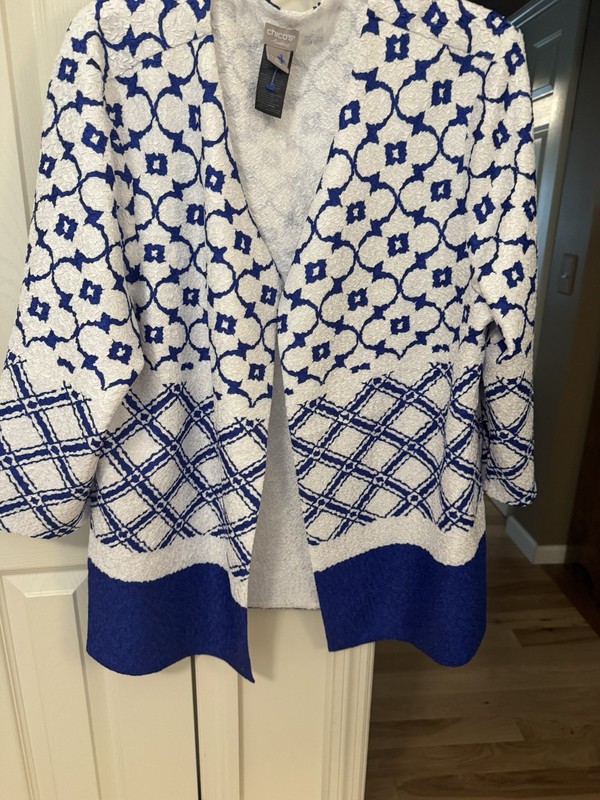 Chico’s Travelers Collection Blue & White Print Crushed Open Front Jacket 12/14