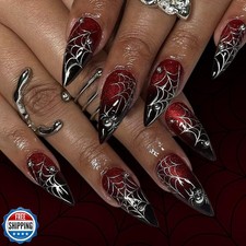 Goth Stiletto Press on Nails Halloween Fake Nails Black Red False Nails with
