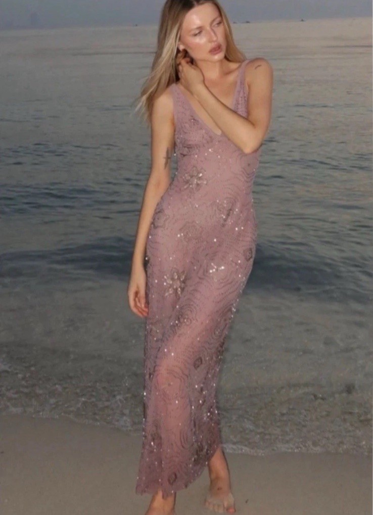 ZARA NWT $119 WOMAN SS25 BEADED MIDI DRESS LIGHT PINK 4813/335 | eBay