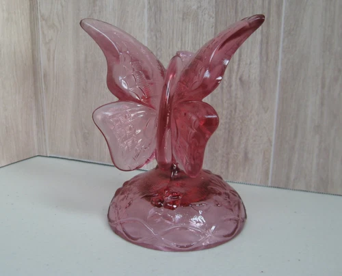 Vintage Fenton Art Glass Cranberry Pink Butterfly Ring Holder 5" Figurine