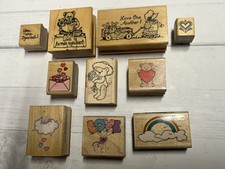 Lot Of 10 Wood Rubber Stamps - Hearts Love Rainbows Mixed Brands Sizes