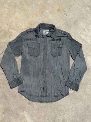 Affliction Black Premium Long Sleeve Shirt Mens XL Gray Athletic Fit Grunge Y2K