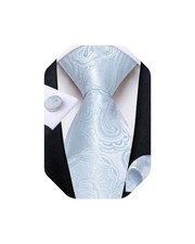 Mens Tie Set Silk Solid Paisley Necktie and Pocket Square Paisley Light Blue
