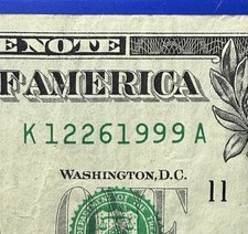 $1 One Dollar Bill Birthday Note December 26 1999 Fancy Serial  Anniversary Note