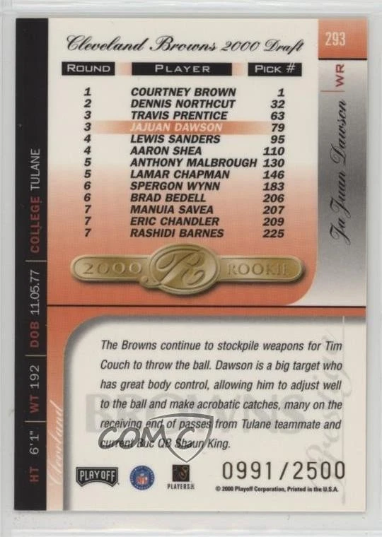 2000 Playoff Prestige 2000 Rookie /2500 JaJuan Dawson #293 Rookie RC - Image 2 of 2
