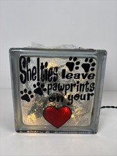 Lighted Glass Block  Shelties Leave Paw Prints On Your Heart  5 3/4  Square