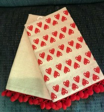 Red  Pink Hearts Kitchen Dish Towels Set of 2 Muslin with Pompon Border