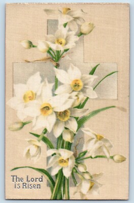 Easter Postcard Holy Cross And Lilies Flowers Silk Winsch Back c1910's Antique