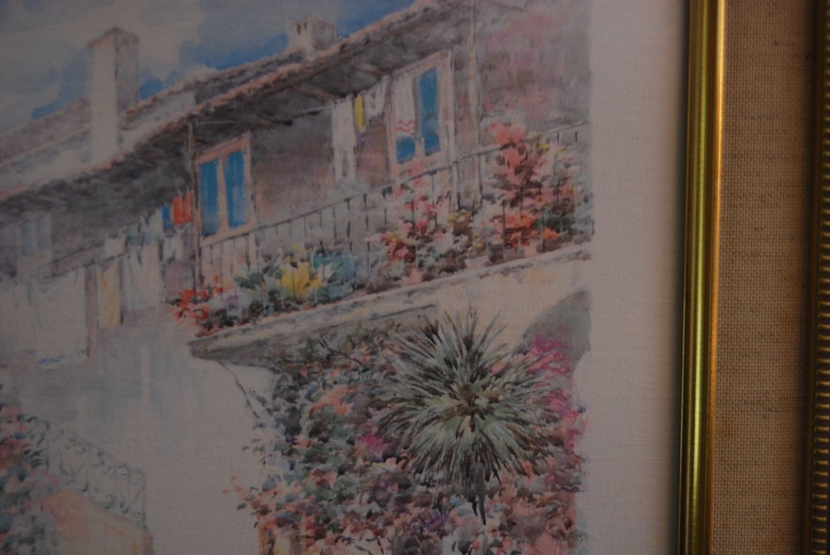 FRAMED SIGNED COLOR PRINT FLOWERED ANTIQUE ITALIAN BUILDING