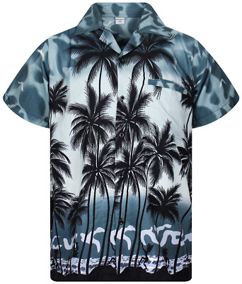 Funky Hawaiihemd Herren Kurzarm Front-Tasche Hawaiian Shirt Beach Grau Hawai