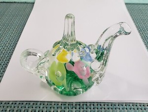 Vintage Joe Rice Art Glass Teapot Paperweight/Ring Holder, Multi Colored Trumpet