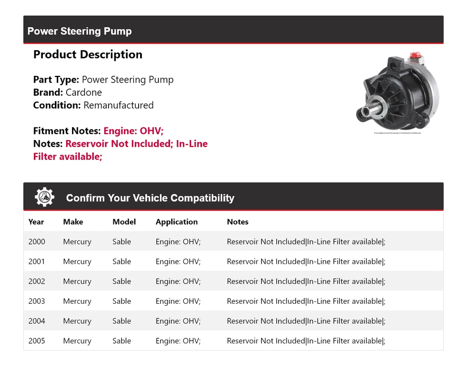 Насос гидроусилителя руля Mercury Sable OHV Cardone 2001 2002 2003 2004 годов выпуска для 2000-2005 годов выпуска - Изображение 2 из 4