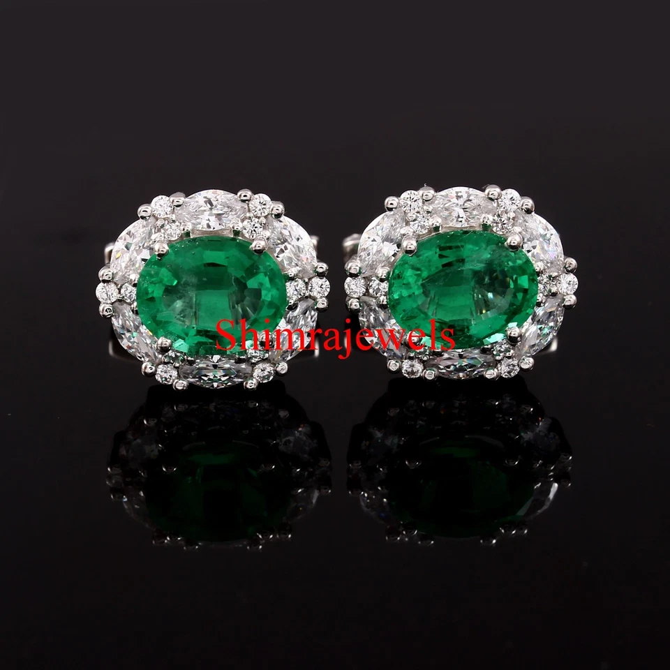 Gemas de esmeralda creadas en laboratorio con gemelos de plata chapados en oro blanco #1010 Foto 3 de 4