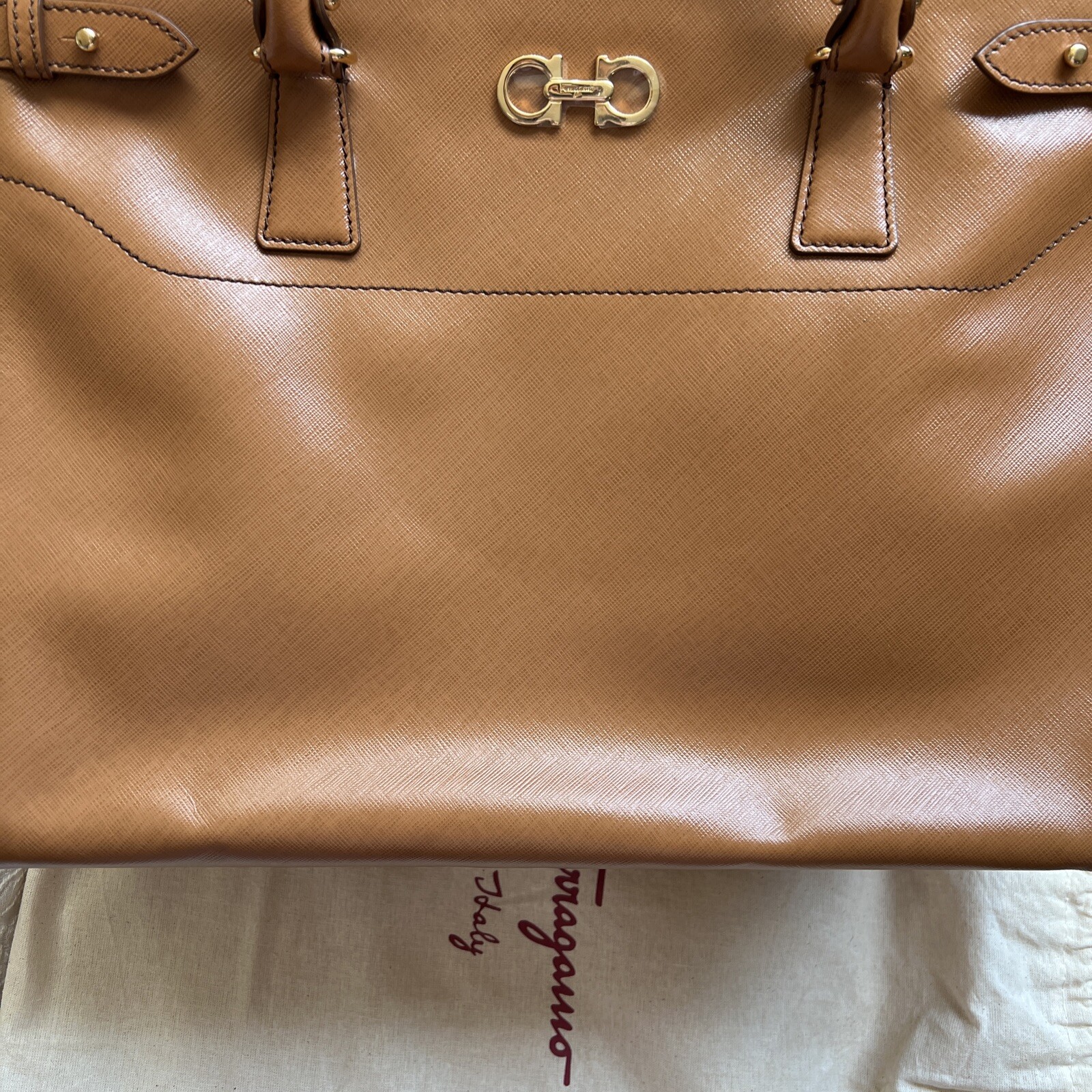 Authentic Salvatore Ferragamo Batik ( Dark Camel  ) Saffiano Leather Handbag image 4