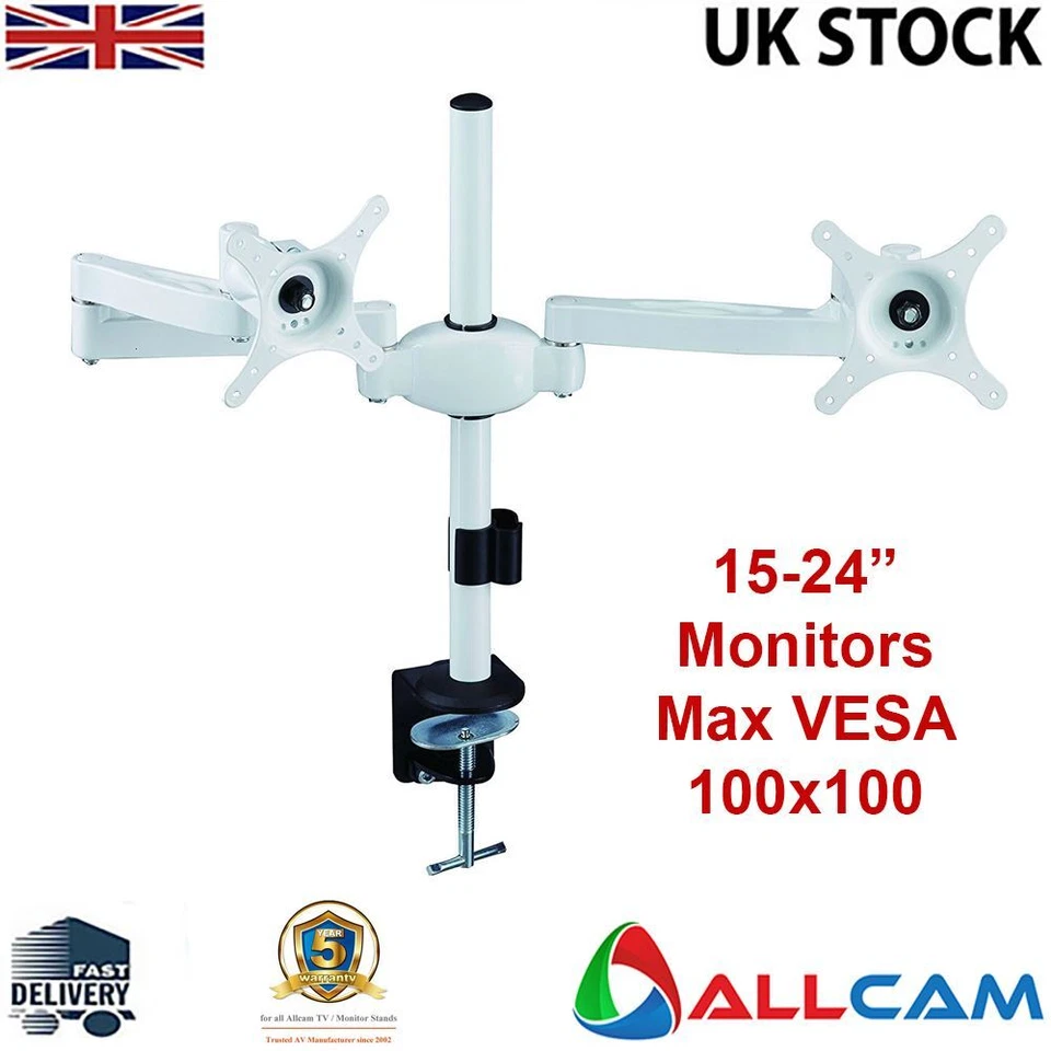 AM05 Double Twin Monitor Arm Desk Stand Mount w/ Adjustable Height & Brackets - Image 2 of 4