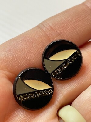 Vintage 70s 80s Black Disco Art Deco Glitter Round Statement Earrings Pierced