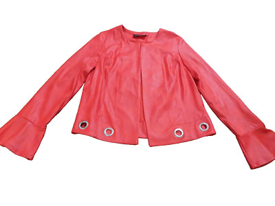 Macandme faux crinkle leather Red blazer Jacket Flair cuffs Silver Metal Rings S