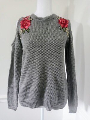 Alya Cold Shoulder Sweater Rose Applique Embellishments Gray Red Size Small