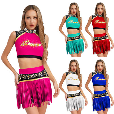 Women's Cheer Leader Uniform Outfits Crop Top with Tassel Shorts Dancewear Sets