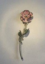 VTG Gilded Pink Enamel W Center Rhinestones Flower Brooch