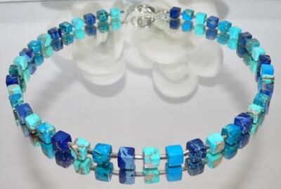 Halskette Schmuck,- Edelstein  Impressions JASPIS Türkis hell,- dunkelblau 213d