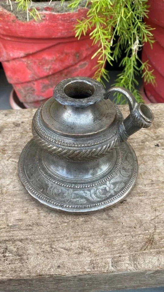 Antigua escultura de 1700 de latón grabada a mano placa de plata olla de cachimba mogol Foto 3 de 4
