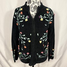 Victoria Harbour Black Chenille Floral Embroidered Zip Up Cardigan Sweater L