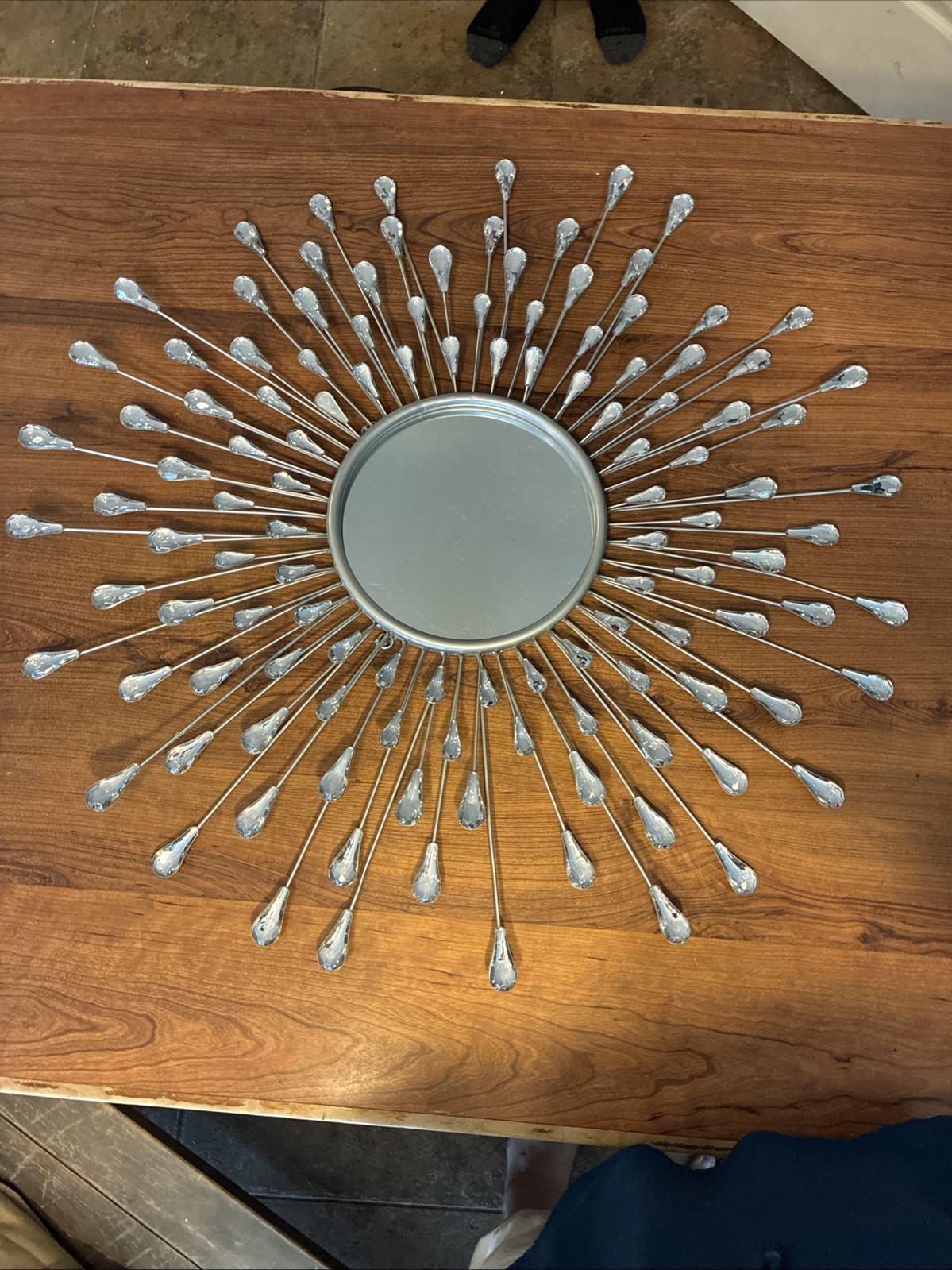 Silver starburst sunburst mirror wall art, 32 inches, 1980s style