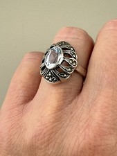 Sterling Silver Blue Topaz Marcasite Ring Size 6.5 Signed Oval Filigree