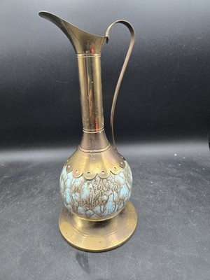 Hand Painted Aqua & Gold DELFT HOLLAND Brass & Marbled Ceramic Pitcher Vase
