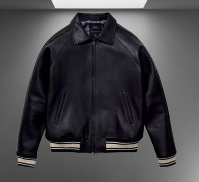 Avirex Style Men's Black Leather Varsity Bomber Jacket Ribbed Hem Full Zip