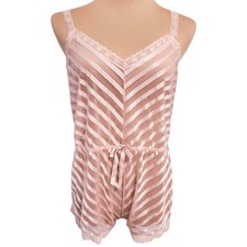 Vintage 70s Lily of France Sz Large Pink Sheer Striped Lingerie Romper Teddy