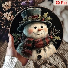 Round Snowman with Top Hat Holly Tin Metal Signs Home Décor 8x8