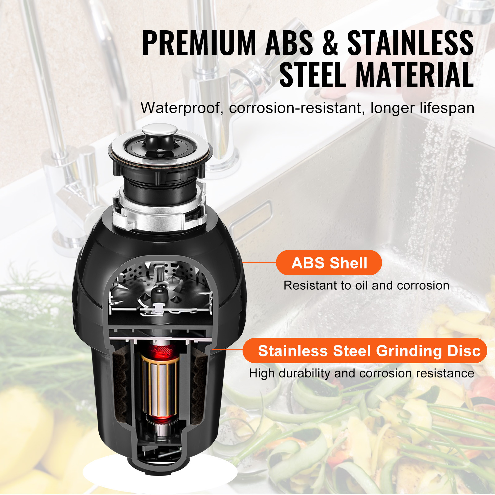 VEVOR Garbage Disposal 1 HP Continuous Food Waste Disposer 3270 RPM EZ  Corded