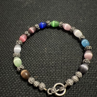 Multi Colored Cat Eye toggle Clasp Silvertone ￼Multi Beaded Boho Bracelet 6 3/4 