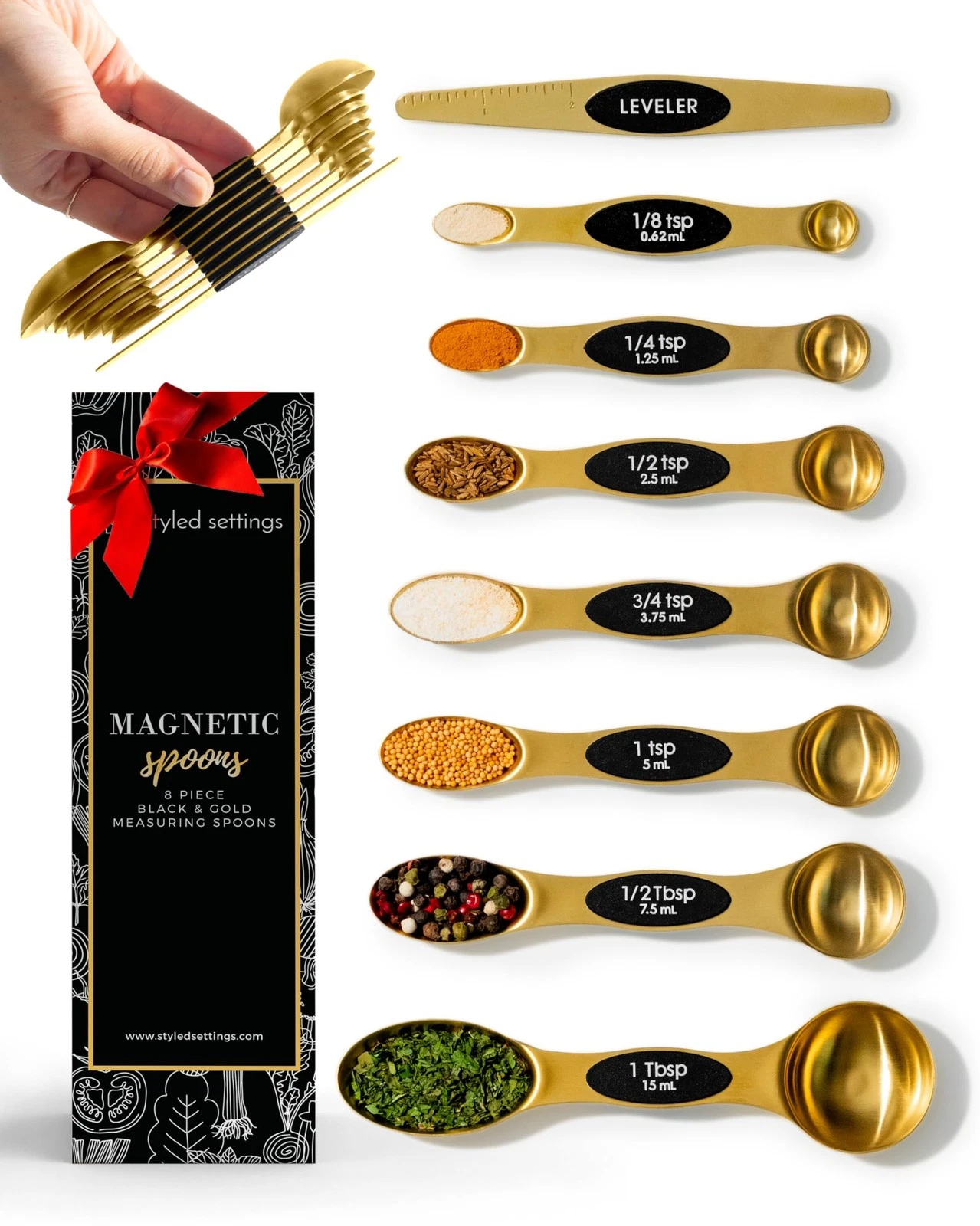 Magnetic Measuring Spoons Set – Stainless Steel Gold Measuring Spoons for Coo...