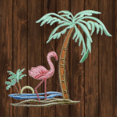 Flamingo Palm Trees Embroidered Patch   Iron On