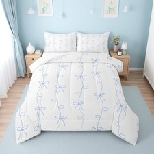 Blue Ribbon Bow Queen Comforter Set,Blue Coquette Bowknot Bedding Sets for Gi...