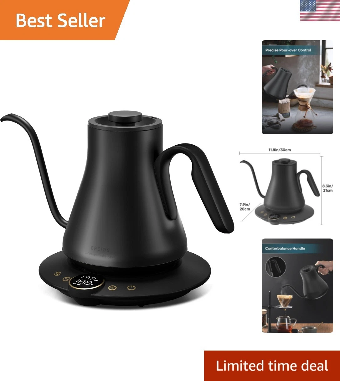 Gooseneck Electric Kettle with ±1℉ Temperature Control for Pour Over Coffee &...