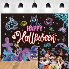 Happy Halloween Backdrop Neon Halloween Backdrop Pumpkin Ghost Bat Background