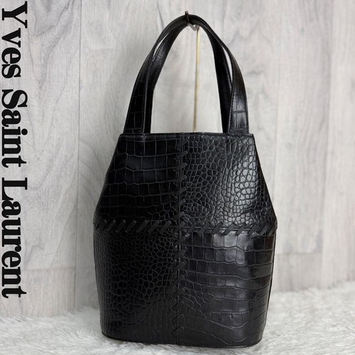 Yves Saint Laurent YSL Vintage Braided Croc Embossed Flap Bag Black Authentic