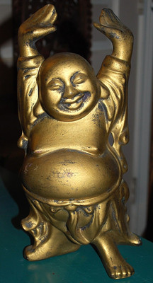 Vtg 12.5'' LAUGHING BUDDHA STATUE Antiqued Gold Ceramic HANDS RAISED Beautiful