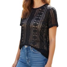 Banana Republic Sz SMALL Black Floral Lace Short Sleeve Blouse Top