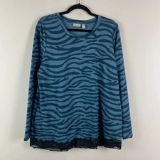 LOGO Lori Goldstein Lounge Top Size Large Lace Trim Blue Animal Print