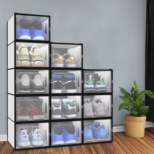 12PCS Shoe Box Stackable Closet Storage Container Hard Plastic Big White Large