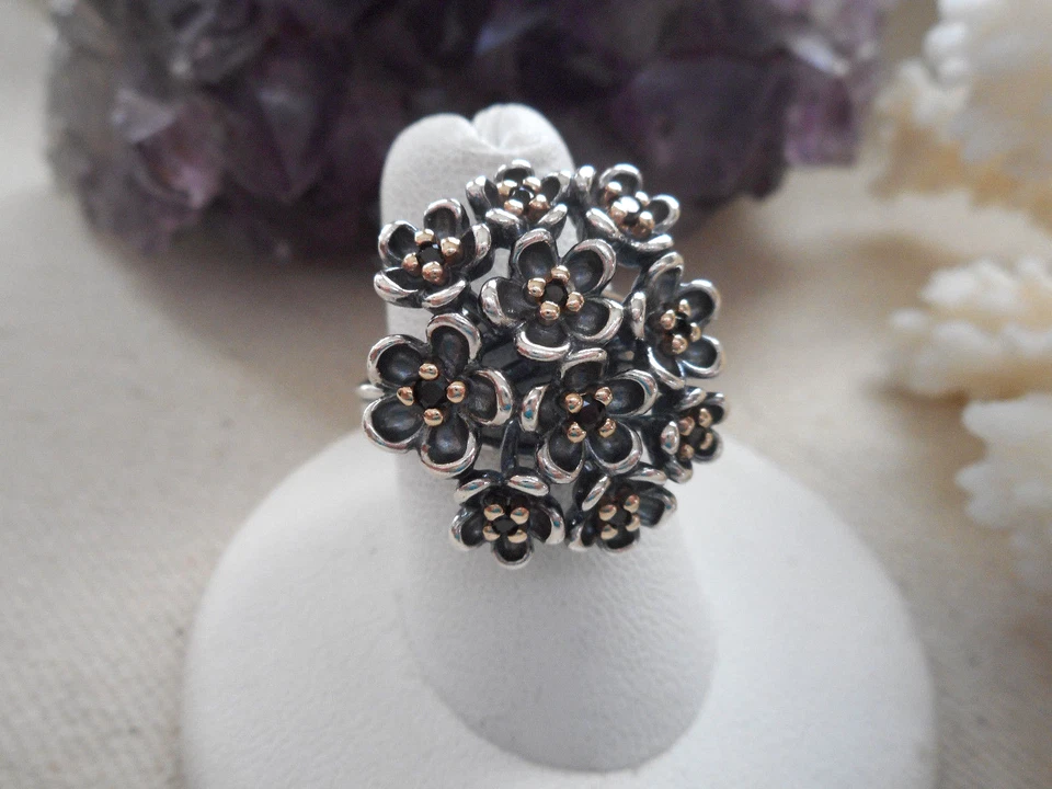 Pandora ALE Sterling Silver Black Spinel Flower Ring W/ Box size 6 901K - Image 4 of 4